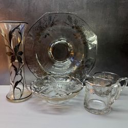 Lot of (5) Beautiful vintage Art Deco Sterling Silver Overlay print of poppies & flowers  footed Glass bowl & divided snack/candy dish, vase sugar& cr