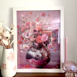 Pink Disco Ball Flower Vase Pink Aesthetic Mirror Ball Floral Canvas Art Print White Framed 20.5x26”