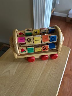 Wooden Wagon Toy with Alphabet, Number & Picture Blocks