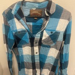 Red Camel Blue Plaid Button Up Long Sleeve Shirt, Small