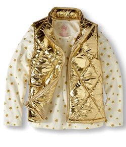 XL Girls Foil Puffer Vest and Long Sleeve Tee with Printed Metallic Ink Stars, Knit & Woven 2pc Set