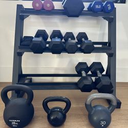 Weight Rack,  Dumbbells And Kettlebells
