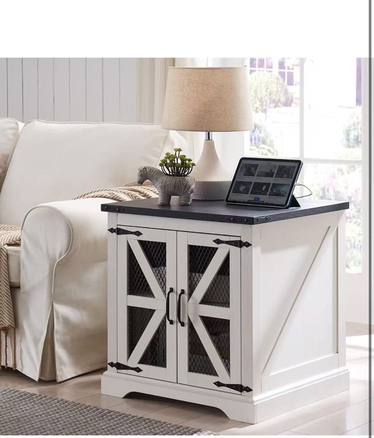🔥Set 🔥Farmhouse End Table, 24" Large Sofa Side Table with Charging Station, 
