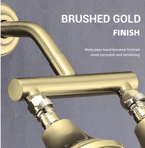 Double Shower Head Manifold Splitter 2 Way Shower Arm Diverter Dual Outlet Adapter for 2 Showerheads, Brushed Gold
