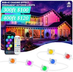 300FT or 400FT RGB+IC Permanent Outdoor Lights, IP67 Waterproof, Smart App/Remote Control LED Eave Lights, with Music Sync, DIY Scenes Modes for House