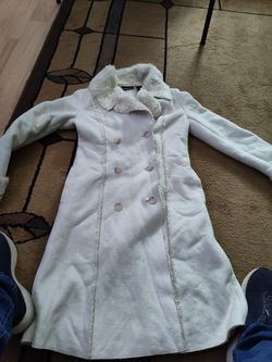 DKNY Jeans White Double Breasted Knee Length Coat Size XS Preowned 