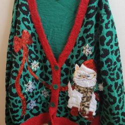 33 Degrees Christmas Cardigan Sweater xxl Cat Applique Sequins Faux Fur Red Green 2xl