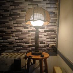 Vintage 1970's Bamboo Shade Tropical Lamp. White Glass Globe. Chic
