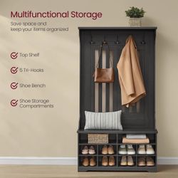 Entryway Furniture, Coat Rack with Shoe Bench, Hallway Storage, Shoe Organizer, 5 Triple Hooks, Space-Saving, for Entryway, Hallway, Adjustable Shelve