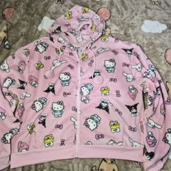 Womens XL Pastle Pink Hello Kitty & Friends Fluffy Hoodie Jacket With Pom Poms