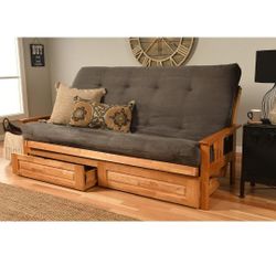 Wood Futon (with full mattress) with storage drawers