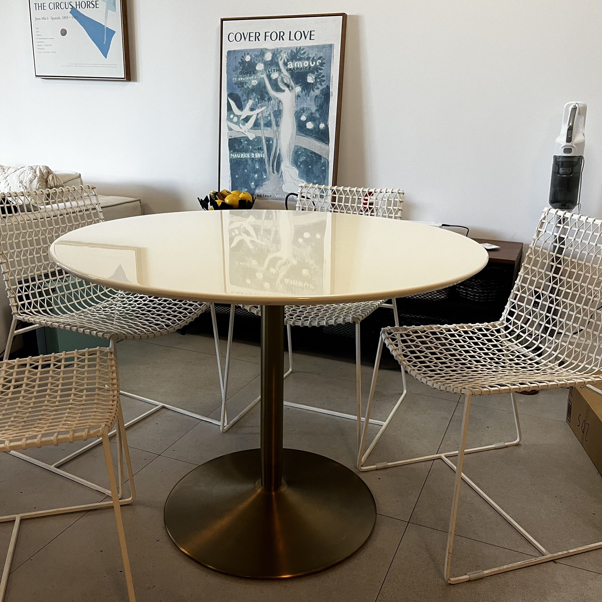 CB2 Odyssey 40” Round Dining Table White Lacquer & Brass 