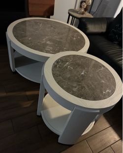 Set of two wood and marble tables