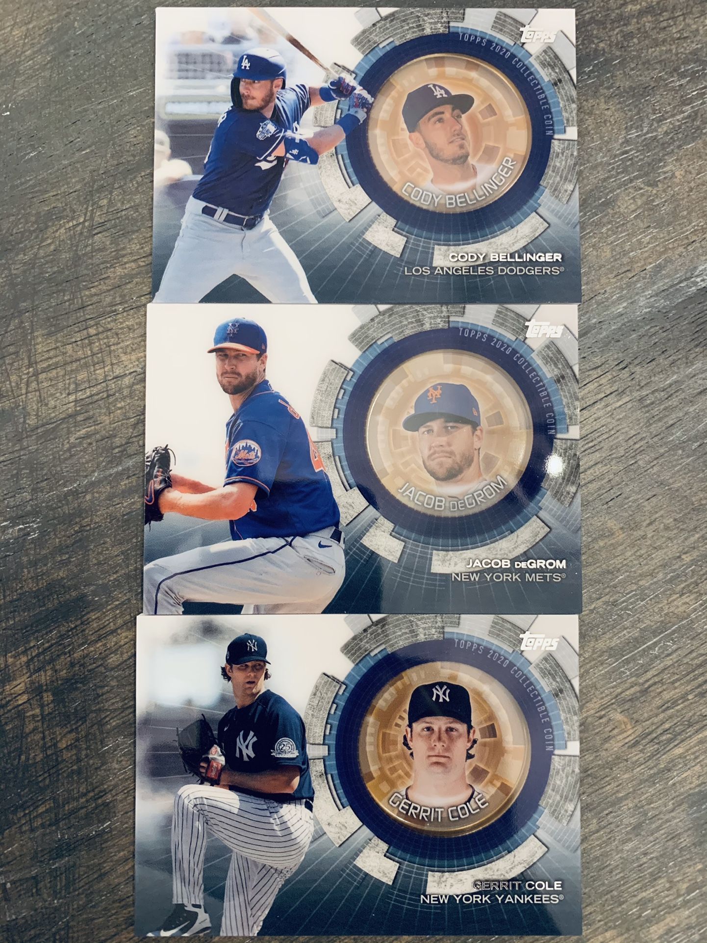 Topps 2020 Commemorative Coin Cards. Cody Bellinger, Jacob DeGrom, Gerrit cole