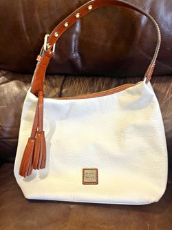 Dooney & Bourke White Pebbled Medium Shoulder Bag Zip Top Tassel Charm, Pockets