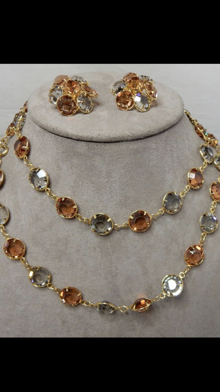 SWAROVSKI Bezel Set Amber Crystal Long Necklace & Clip Earrings Set