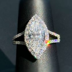 18k solid white gold 2CT Marquise CZ stone 0.84CTW Diamond ring size 6