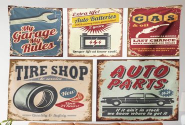Vintage Garage Services Retro Mechanic Collage Style Wall Tapestry 37"× 28"
