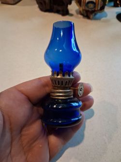Vintage Miniature Cobalt Blue Glass Oil Lamp