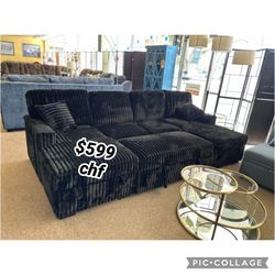 Black Corduroy Double Chaise Sectional Sleeper Sofa With Pull Out Bed 