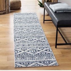 2ft X 7ft SAFAVIEH Tulum Collection 2' x 7' Ivory / Navy TUL272D Moroccan Boho Tribal Non-Shedding Living Room Entryway Foyer Hallway Bedroom Runner R