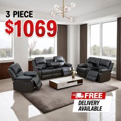 Black 3 piece living room reclining sofa set ( sofa + loveseat + chair )