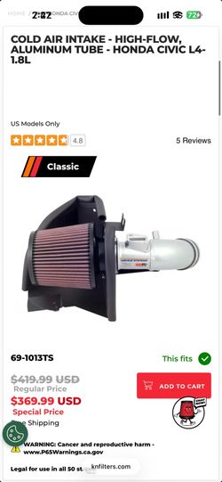 K&N Typhoon Cold Air Intake – Honda Civic 1.8L (69-1013TS)