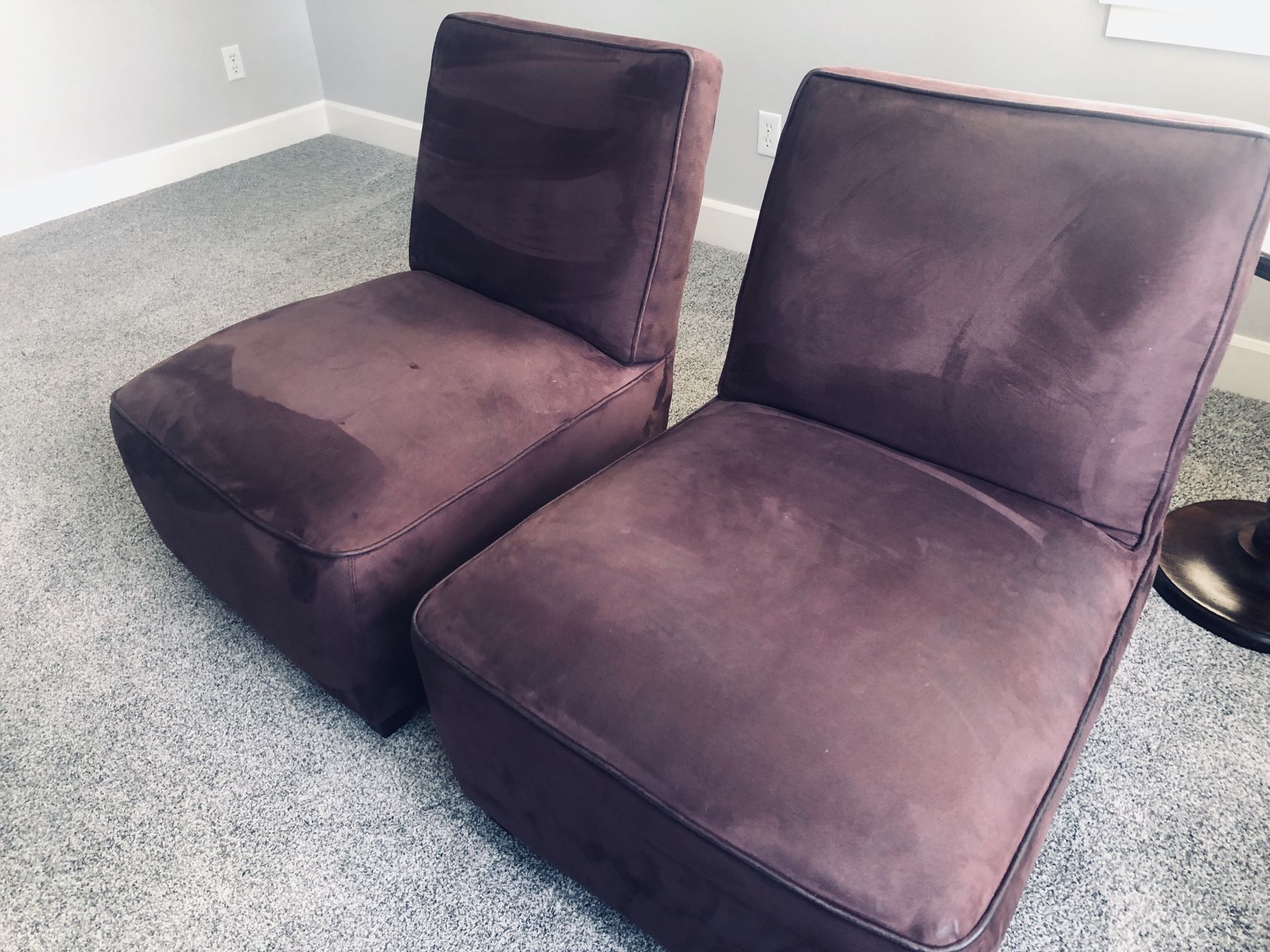 Crate and Barrel 2 suede slipper chairs. Eggplant/purple color