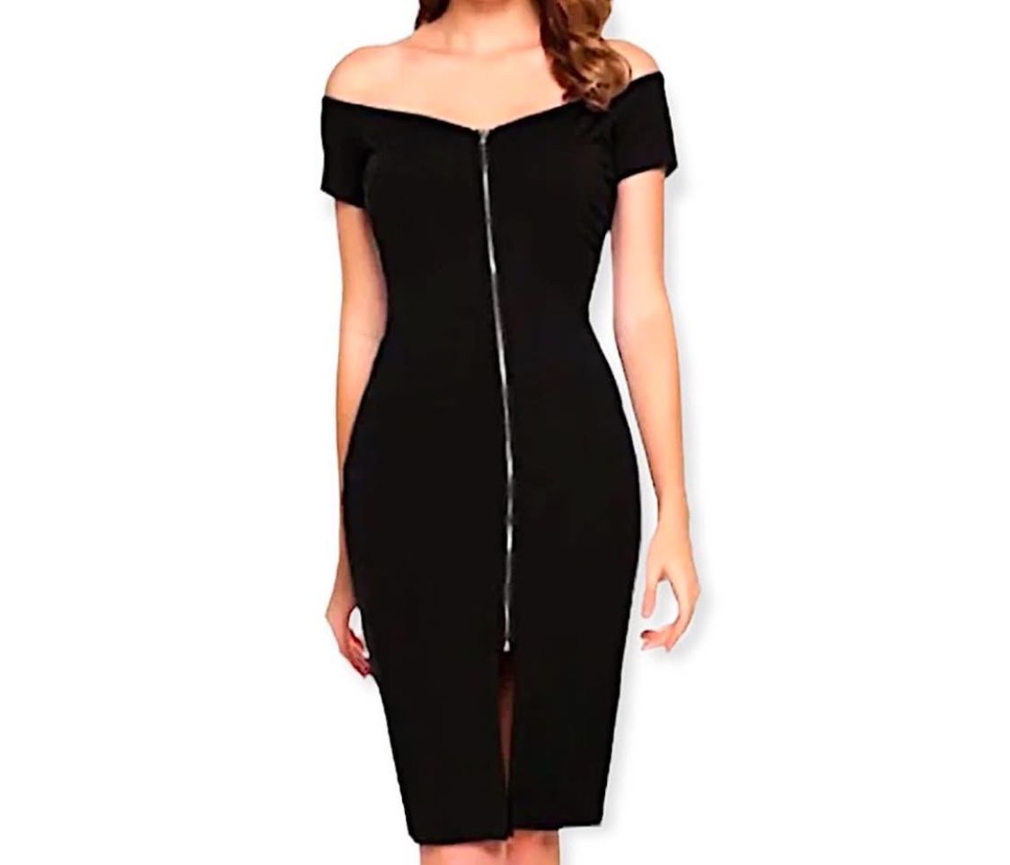 BLACK BODYCON FRONT GOLD ZIP DRESS SIZE M