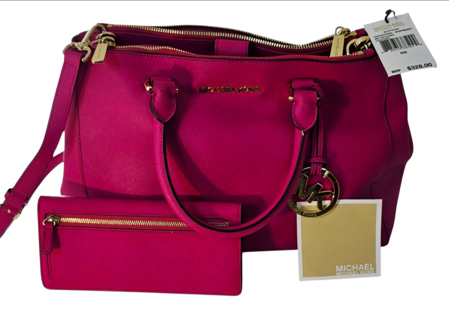 Michael Kors Sutton Medium Satchel Raspberry Pink Leather Bag + Wallet NWT