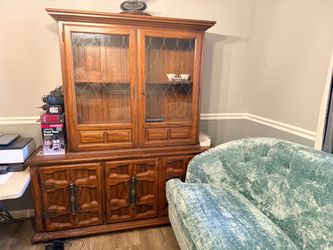 American Drew Oak China Cabinet Hutch with Glass Doors