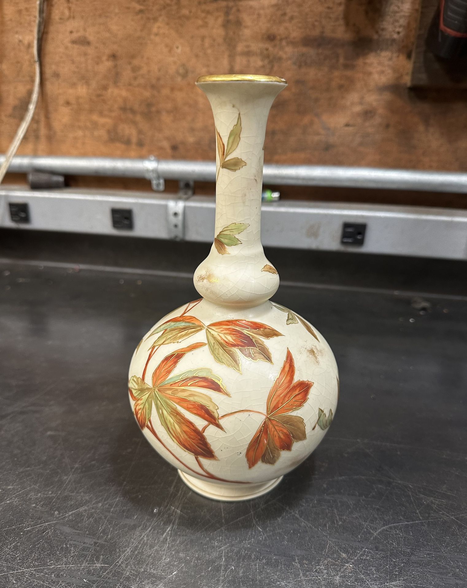 Antique Art Nouveau Porcelain Eggshell Finish Vase Gold Leaf Pattern Marked 109