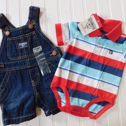New Baby Boy 6M Oshkosh Vestbak Denim Overall Shorts Bodysuit Outfit