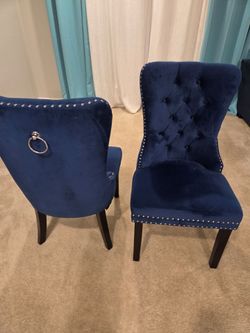 Navy Blue Velvet Fabric Upholstered Espresso Dining Chair Set