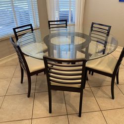 “HALO”60”ROUND DINING TABLE WITH GLASS TOP AND 6 CHAIRS