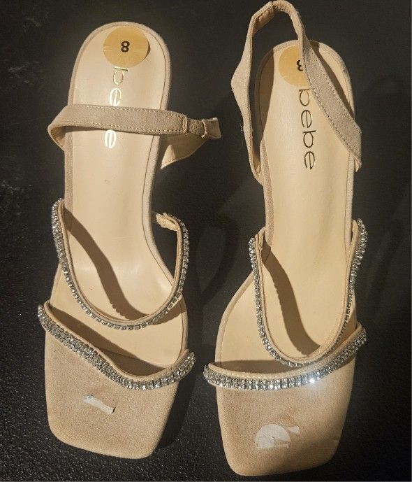 Bebe Tan Heels with Rhinestone Straps