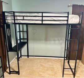 Black Metal Loft Bed with Desk and Shelves