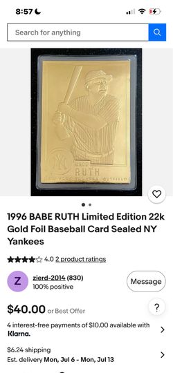 limited edition 22K Babe Ruth 1996 limited edition 22K