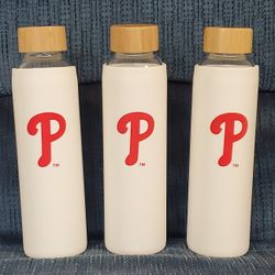 Philadelphia Phillies Reusable Glass Water Bottles with Rubbber Sleeve & Logo.  Set of 3