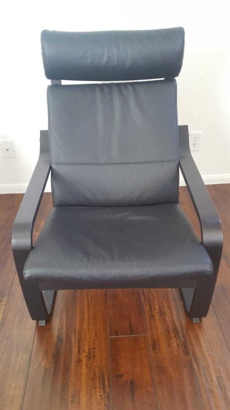 Ikea Poang Armchair, Black Leather Chair Cushion, Black-brown Wood Frame