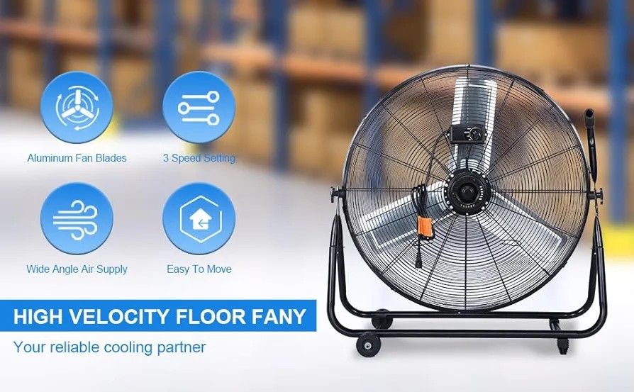 30-Inch Floor Fan with Roll Booster - Industrial-Grade Airflow, 360 Degree Adjustable Tilt, and Portable Design for Rapid Cooling and Flexible NEW