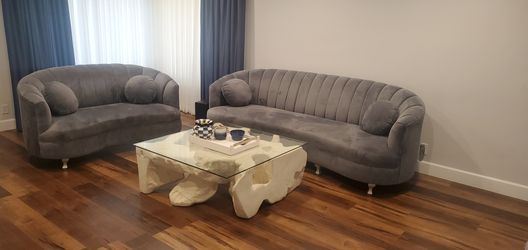 Blue Velour Couches, Table And Console- 2 piece, curved