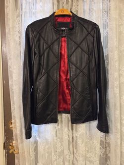 Black Quilted Leather Jacket with Red Lining