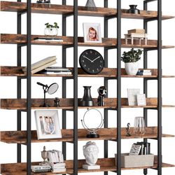 Bookcase and Bookshelves Triple Wide 6 Tiers Large Open Shelves, Etagere Bookcases with Back Fence for Home Office Decor, Easy Assembly, Vintage Brown