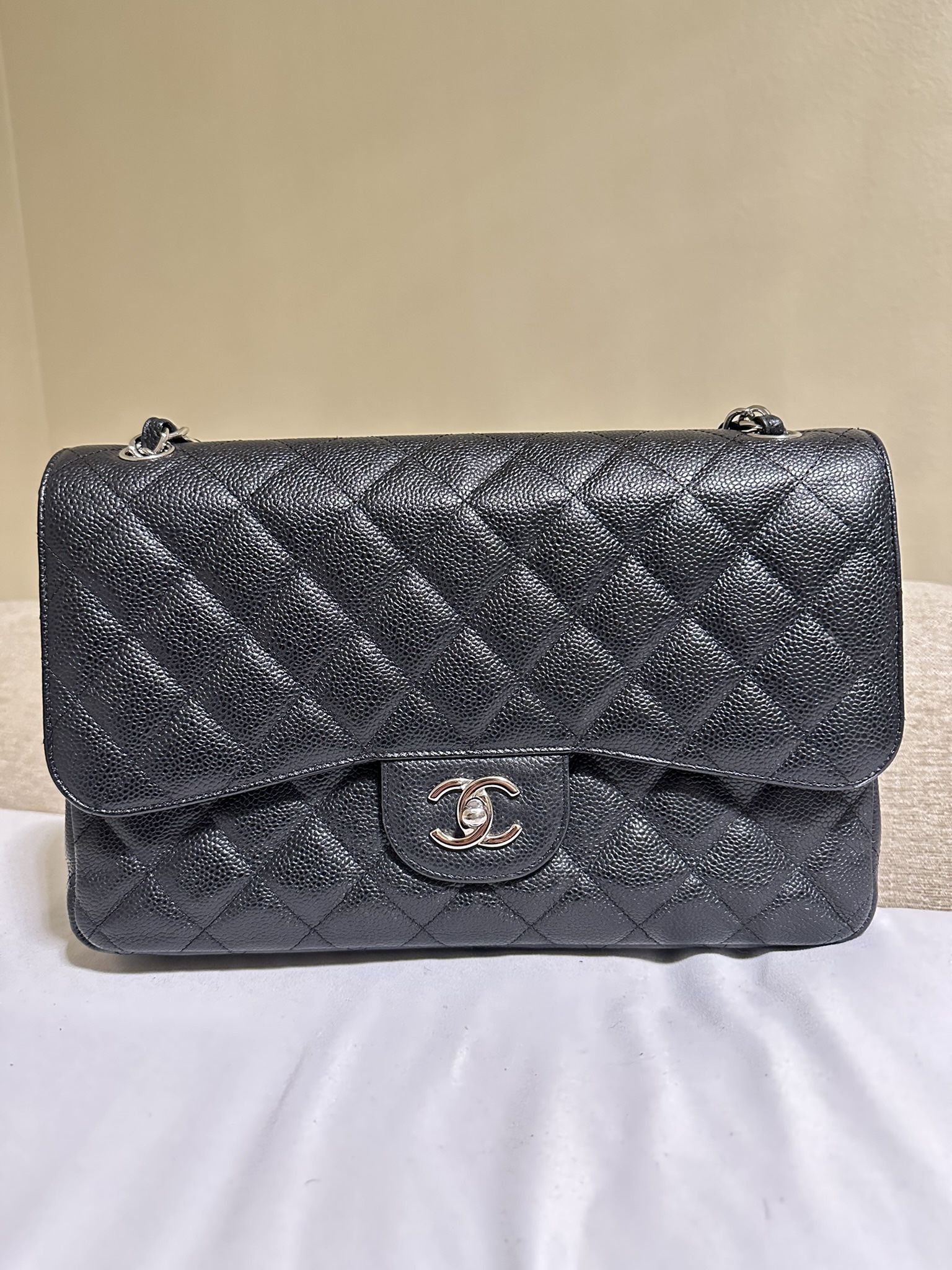 Chanel Black Quilted Caviar Jumbo Classic Double Flap Bag