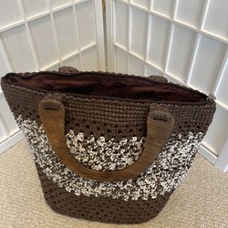 Brown & White Handbag with wood handles