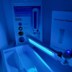 PORTABLE UV STERILIZER 99.9%
,PORTABLE UV STERILIZER 99.9%. Kills Up to 99.9% of germs & mites on hard surfaces, Destroys Odor, Sanitizes without che