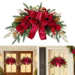 24" Christmas Swag for Front Door Teardrop Decoration with Bows,Xmas Balls,Red Magnolia,Berries, Pine Cone for Indoor Outdoor Swags Wall Wind