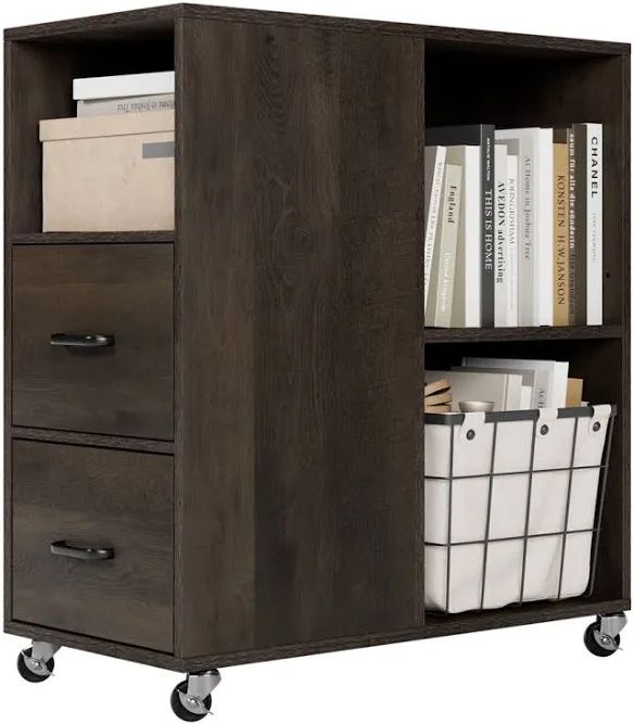 End Side Table, Narrow Nightstand with Storage Drawers and Adjustable Shelf, Rolling Bedside Table for Bedroom, Living Room, Home Office, Dark Brown