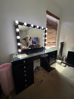 Black Vanity Desk with Lighted Mirror